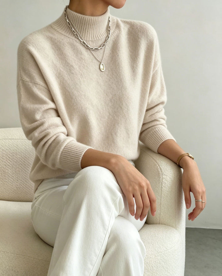 Damen kuscheliger Feinstrickpullover mit Stehkragen und überschnittener Schulter Drune