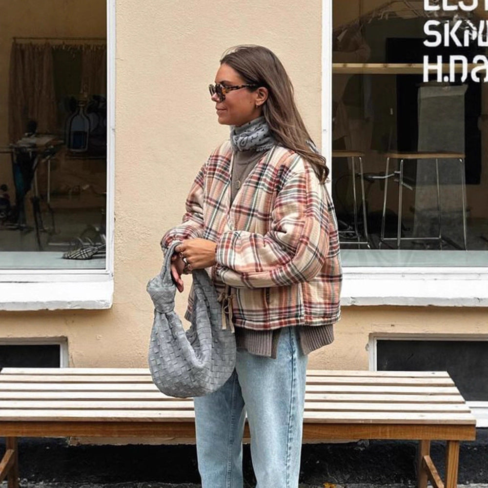 Damen Gepolsterte Kurz-Steppjacke im Karomuster mit Tunnelzugsaum und Oversize-Ärmeln Drune