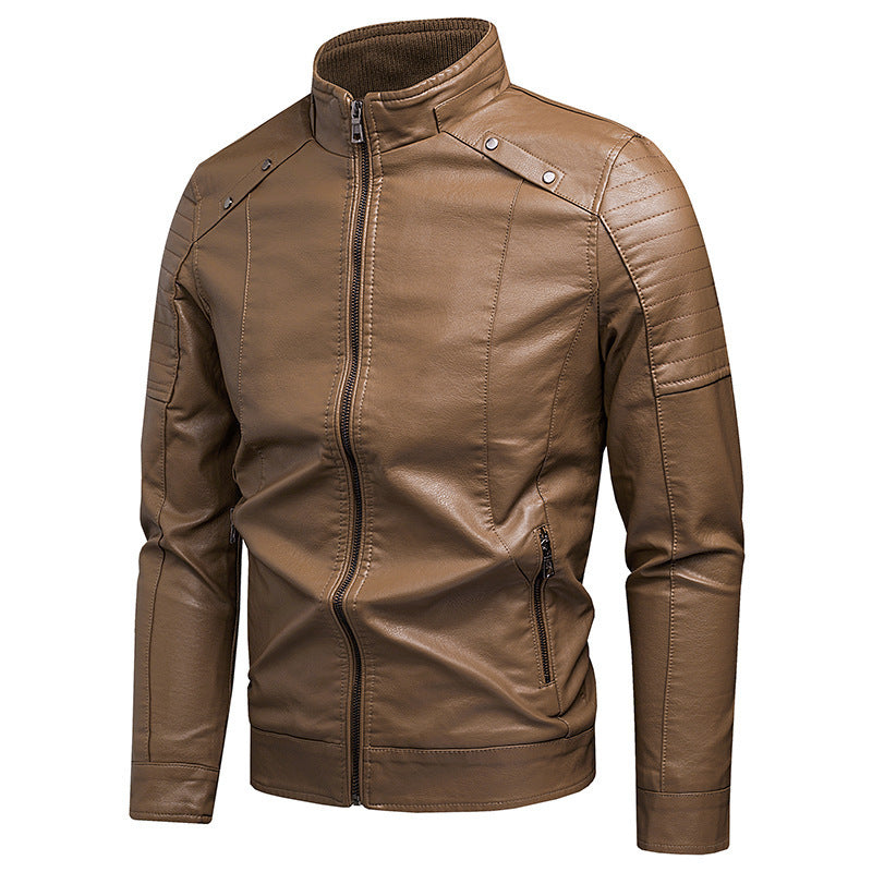 Herren Slim-Fit Kunstleder-Bikerjacke mit Stehkragen und Reißverschlusstaschen Drune
