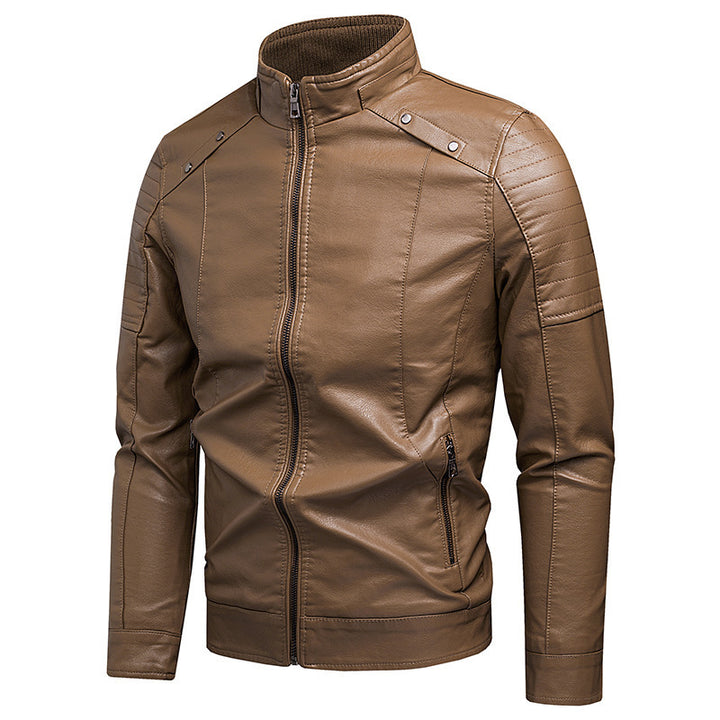 Herren Slim-Fit Kunstleder-Bikerjacke mit Stehkragen und Reißverschlusstaschen Drune