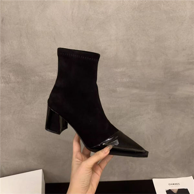 Damen Spitz zulaufende Stiefelette mit Wildlederschaft, patentierter Zehenkappe und sculpted Blockabsatz Drune