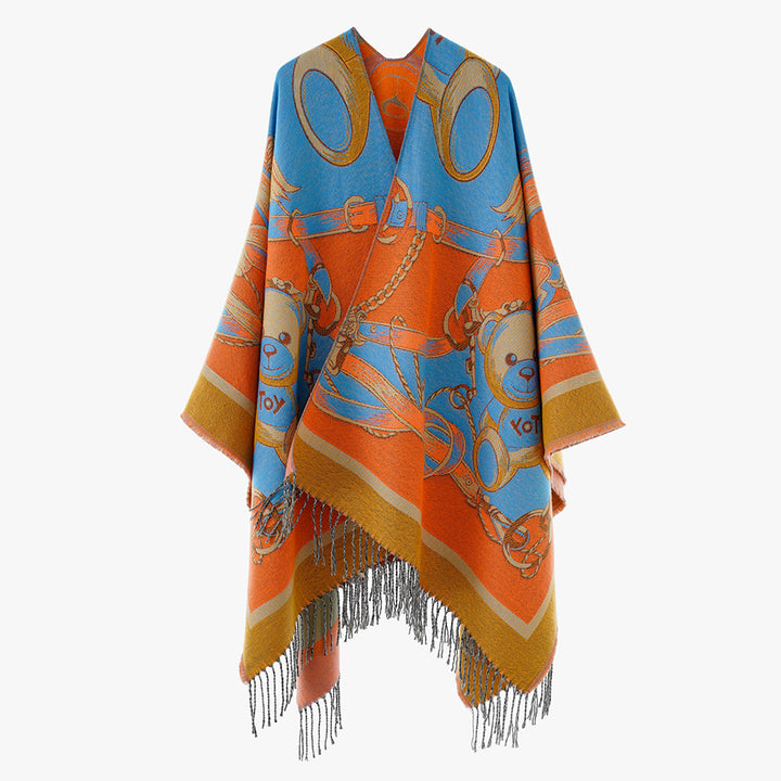Damen Jacquard-Capeponcho mit Teddy‑Motiv, Oversize‑Silhouette und Fransensaum Drune