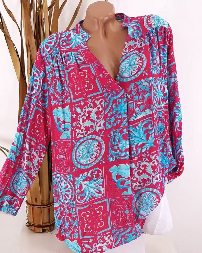 Damen nan Viskose-Tunika-Bluse mit V-Ausschnitt, Stehkragen und gerafften Schultern Drune
