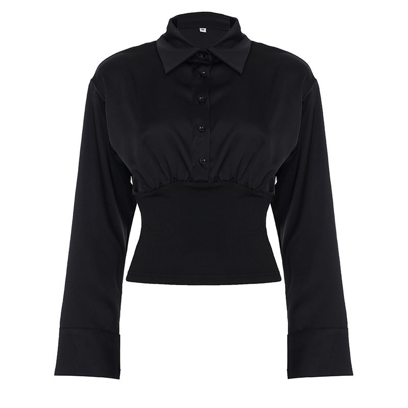 Damen Kurzgeschnittene Hemdbluse mit tailliertem Rippbund, geraffter Brust und Hemdkragen Drune