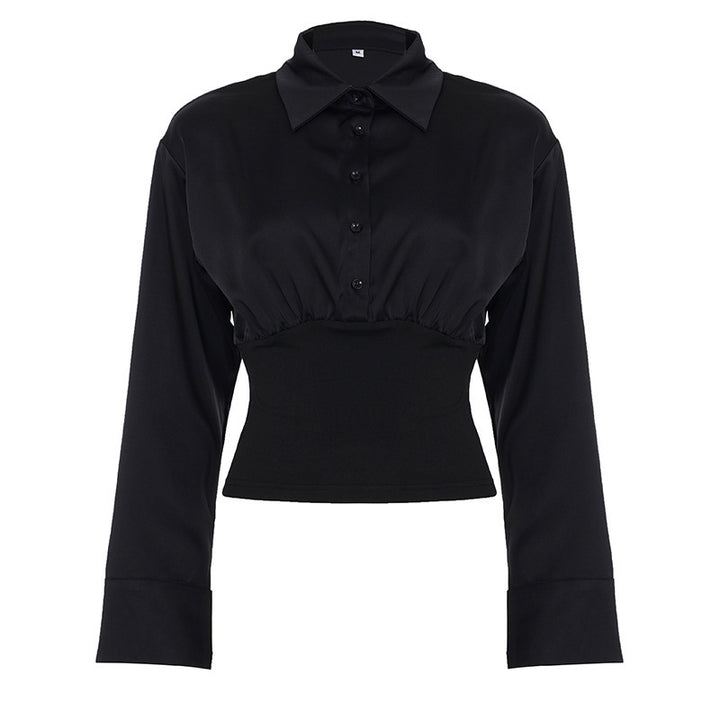 Damen Kurzgeschnittene Hemdbluse mit tailliertem Rippbund, geraffter Brust und Hemdkragen Drune