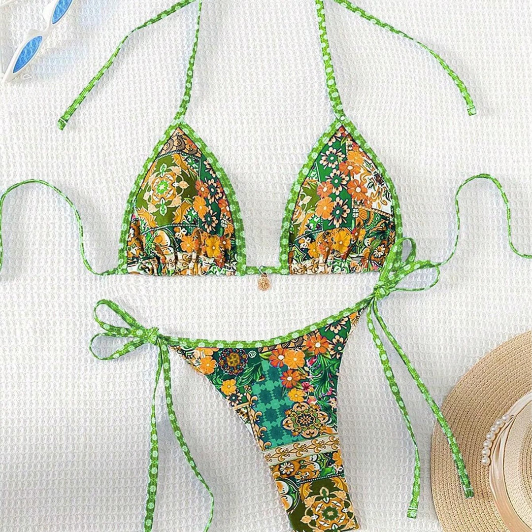 Damen Triangel-Bikini mit buntem floralen Mustermix und verstellbaren Trägern Drune