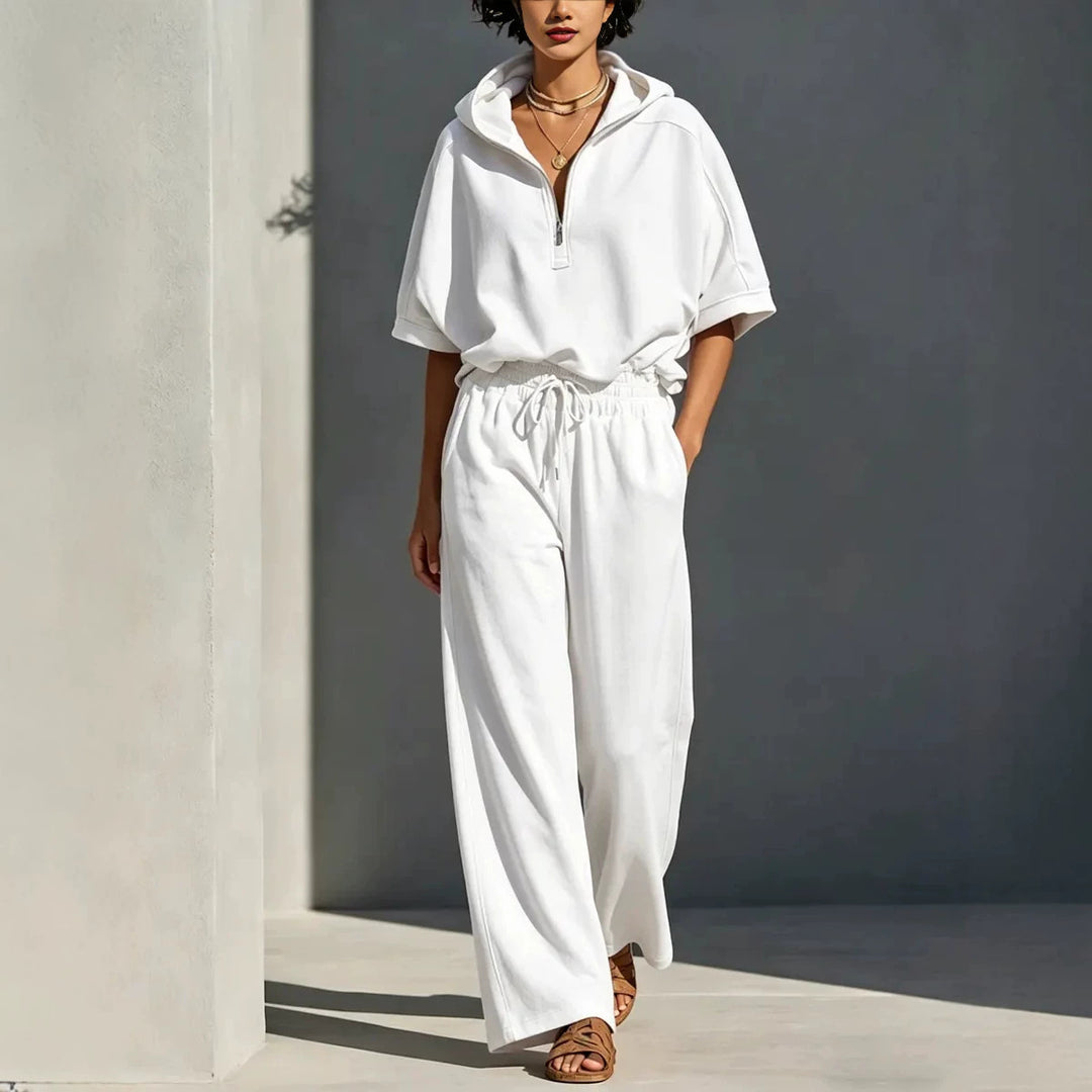 Damen Lässiges Lounge-Set mit Kapuzenpullover mit halbem Reißverschluss und weiter Palazzohose Drune