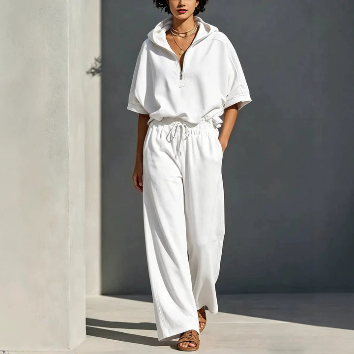 Damen Lässiges Lounge-Set mit Kapuzenpullover mit halbem Reißverschluss und weiter Palazzohose Drune