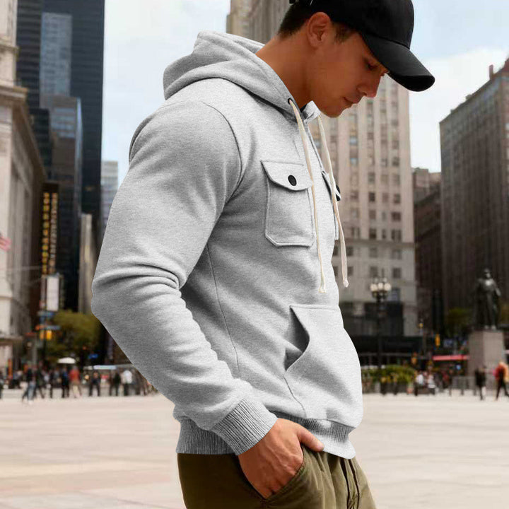 Herren Kapuzenpullover mit Brustklappentasche, Kängurutasche & Rippbündchen Drune