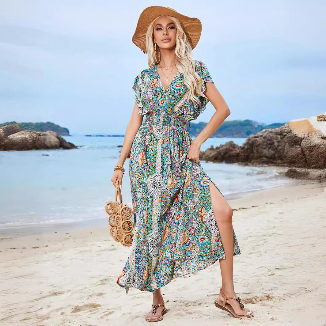 Damen Maxikleid mit verspieltem Mustermix und Rüschendetails Drune