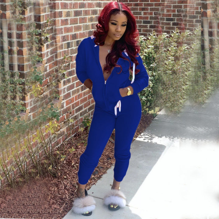 Damen tailliertes Kapuzen‑Sweatdress‑Set mit Reißverschluss und enganliegender Jogginghose Drune