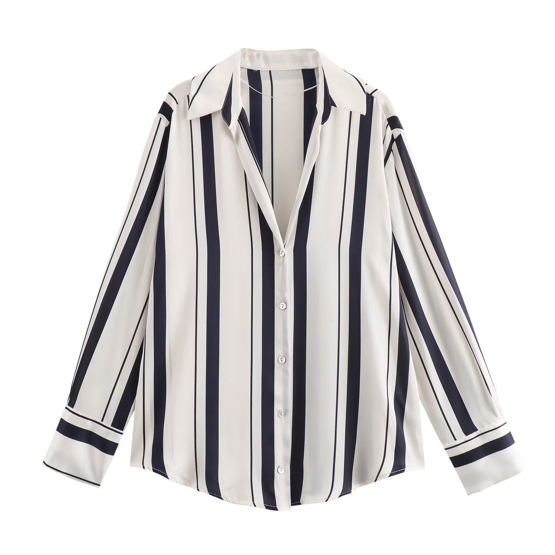 Damen Oversized Satinbluse mit Hemdkragen und breiten Manschetten Drune