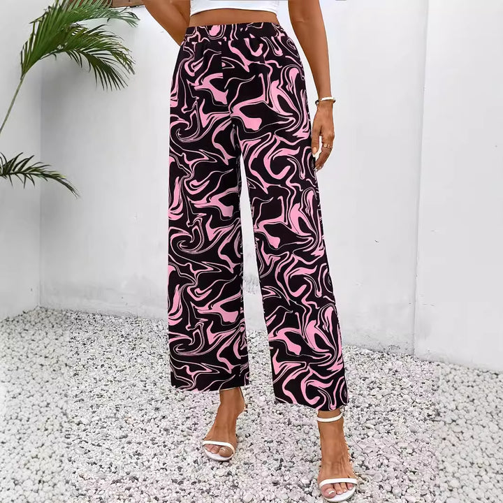 Damen Weite Palazzo-Hose mit modernem Marmorprint und elastischem Bund Drune