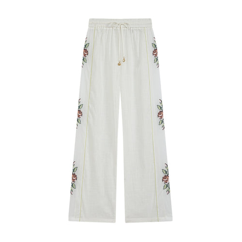 Damen Weite Leinen‑Optik Hose mit Tunnelzugbund und seitlicher Blumenstickerei Drune