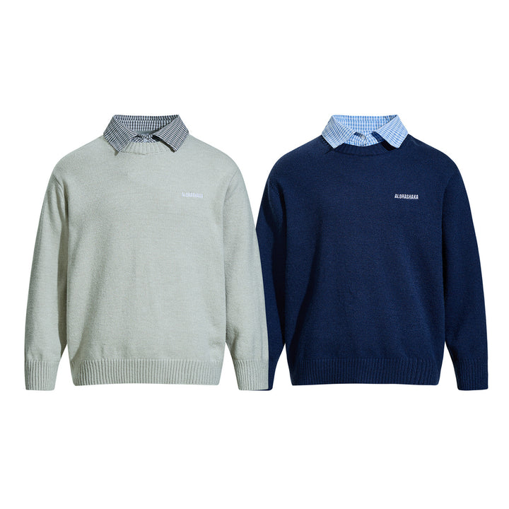 Herren Rundhalspullover mit eingesticktem Logo und Layer‑Hemdkragen Drune