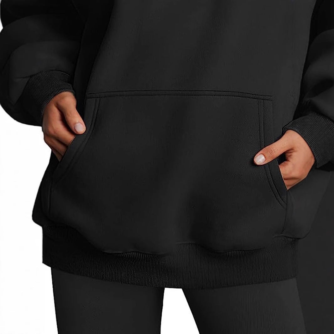Damen nan Oversize-Kapuzenpullover mit verlängertem Rückenteil, innen angerautem Fleece und Kängurutasche Drune