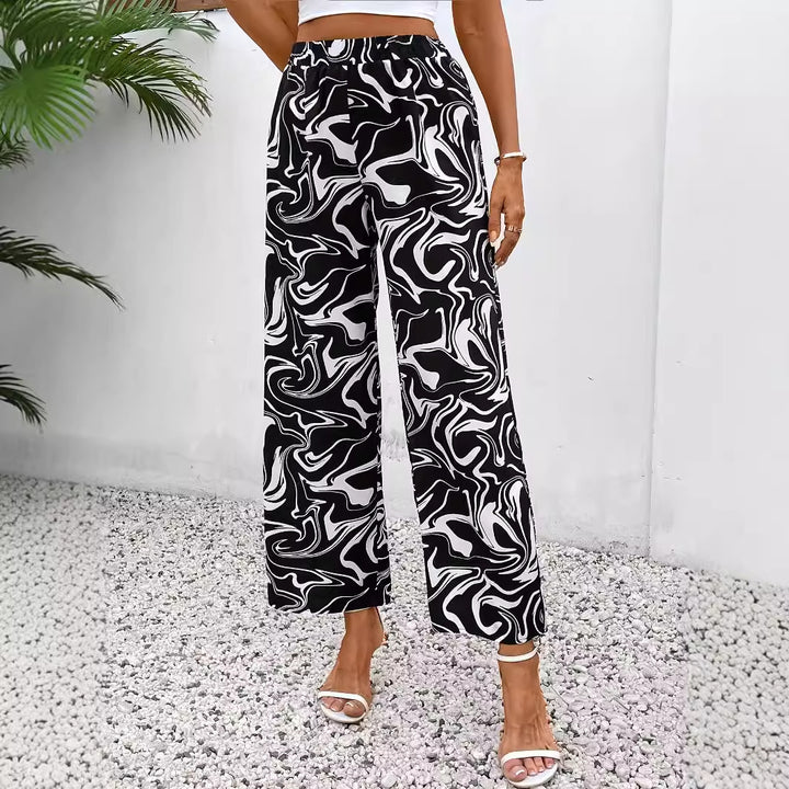 Damen Weite Palazzo-Hose mit modernem Marmorprint und elastischem Bund Drune