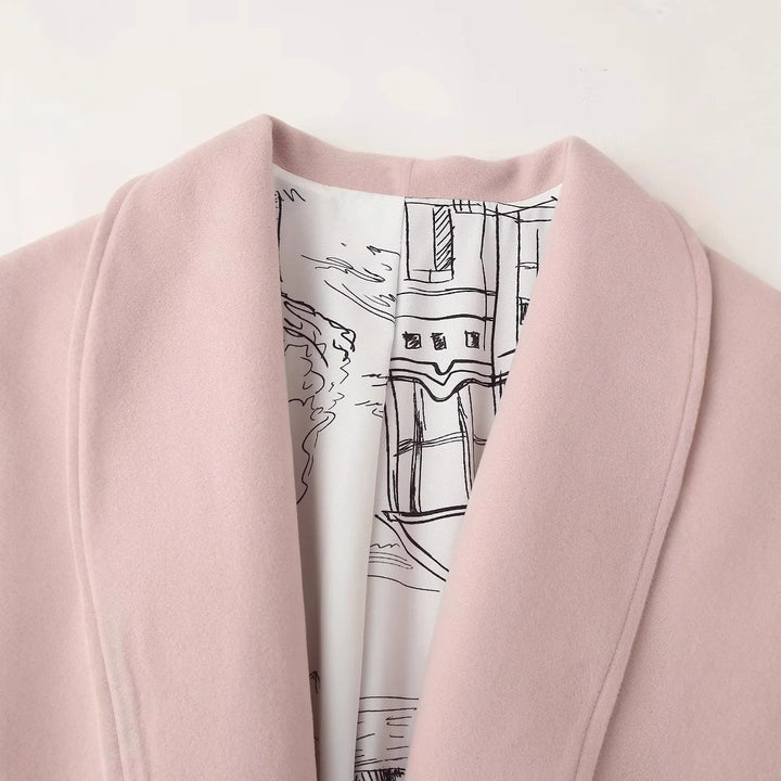 Damen nan kurzjacke mit weitem Schalkragen, tailliertem Bindegürtel und gemustertem Innenfutter Drune
