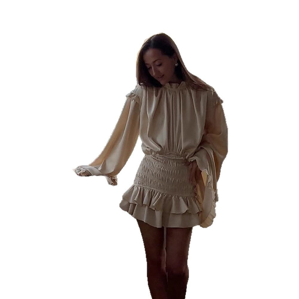 Damen Satin-Minikleid mit Ballonärmeln, Rüschen & geraffter Taille Drune