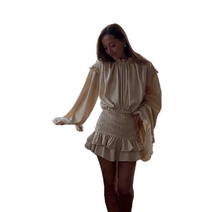 Damen Satin-Minikleid mit Ballonärmeln, Rüschen & geraffter Taille Drune