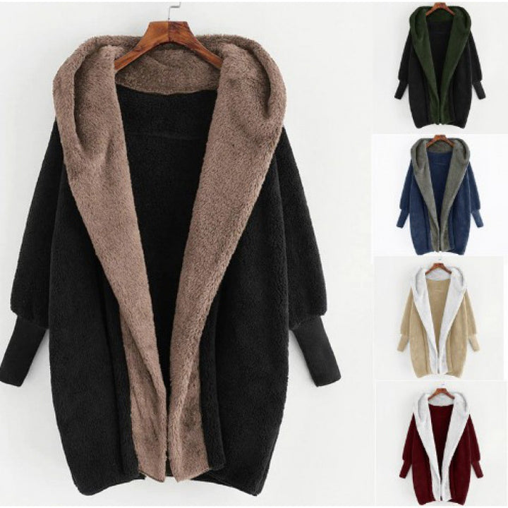 Damen Oversized Kunstfell-Kapuzenmantel mit kontrastierender Teddy-Innenseite und Rippbündchen Drune