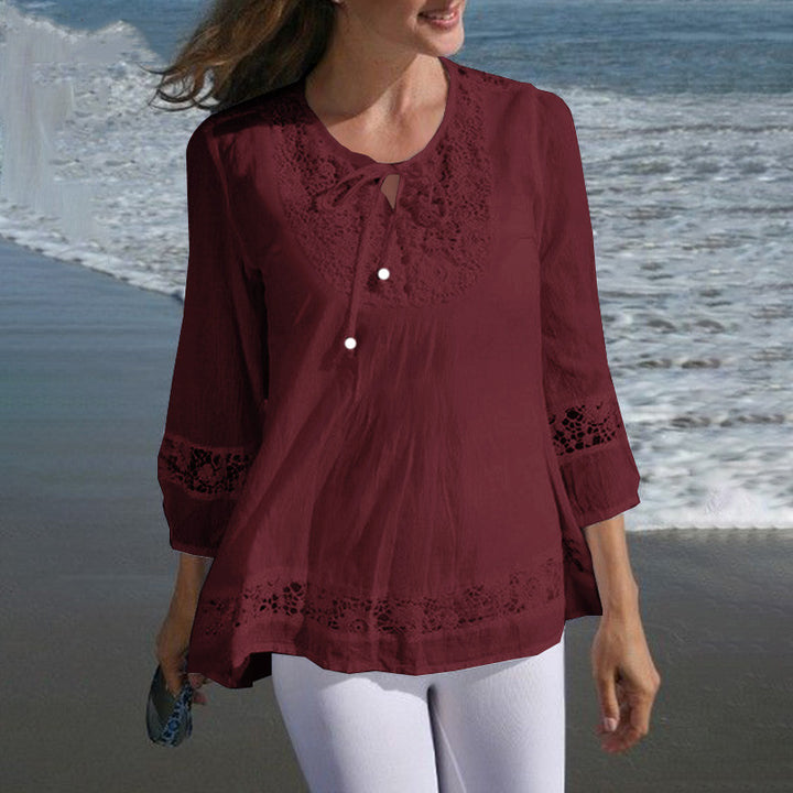 Damen Lässige Tunika-Bluse mit Häkelspitze, Bindekragen und dreiviertel Ärmeln Drune