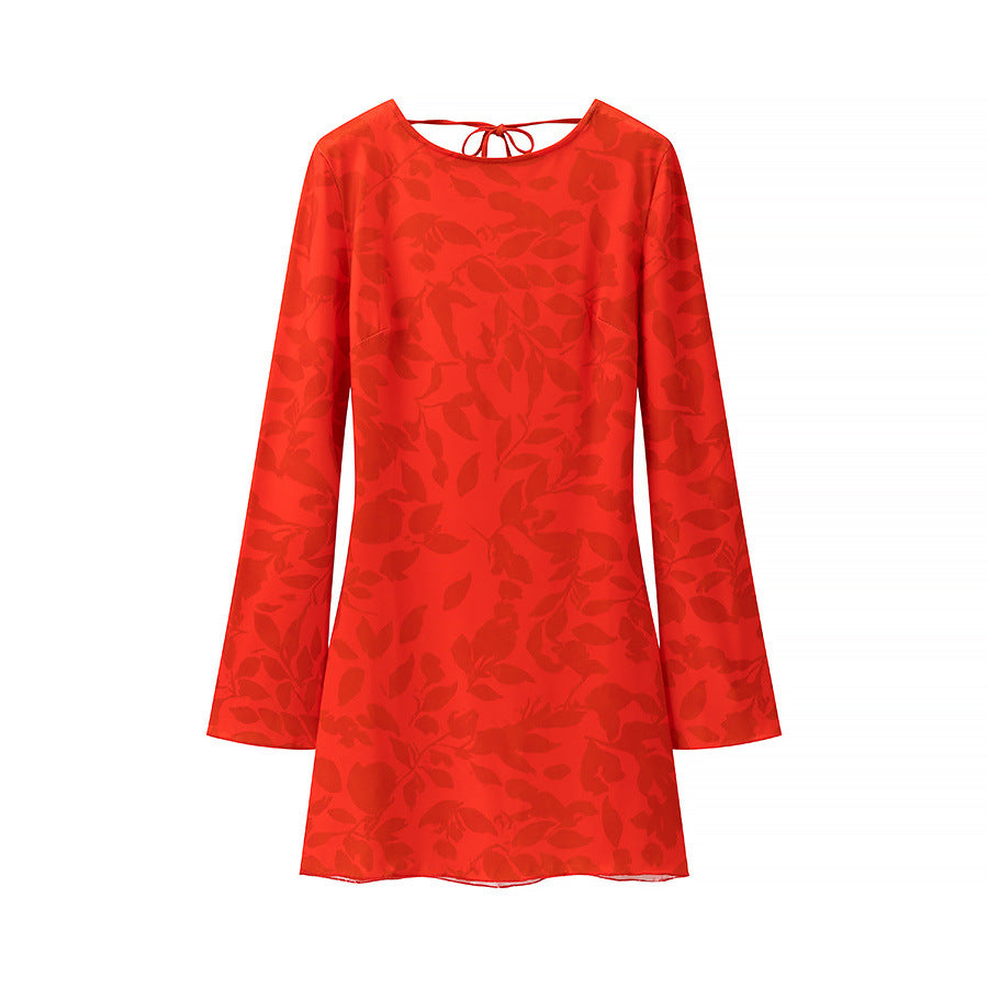 Damen nan ausgestelltes Langarm-Tunikakleid mit floralem Jacquardmuster und Rückenschleife Drune