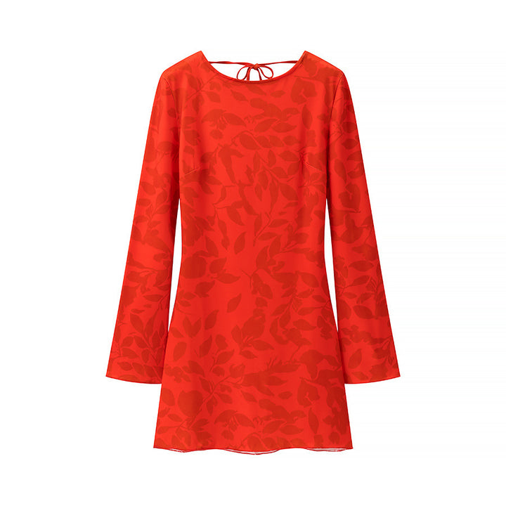 Damen nan ausgestelltes Langarm-Tunikakleid mit floralem Jacquardmuster und Rückenschleife Drune