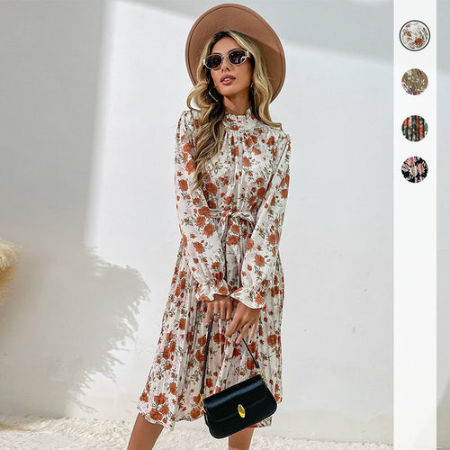 Damen Plissiertes Midikleid mit Rüschenkragen, Bindegürtel und floralem Allover-Print Drune