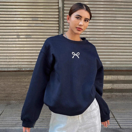 Damen gemütlicher Sweatshirt mit modischem Schleifenmotiv Drune