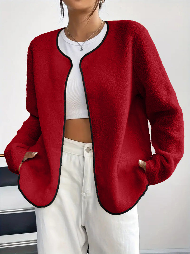 Damen Kurzjacke Teddy-Fleece Cardigan ohne Verschluss mit Rundhals Drune