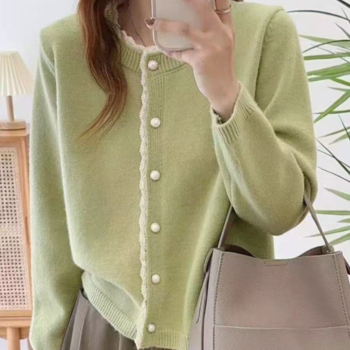 Damen Flauschiger Strickcardigan mit Spitzenverzierung Drune
