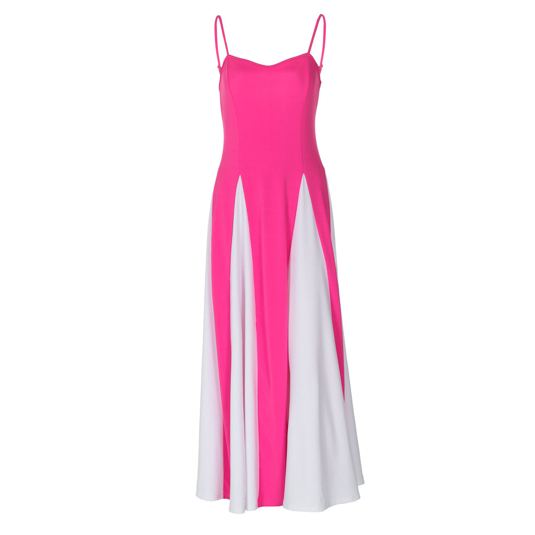 Damen Elegantes Maxikleid mit diagonalen Farbakzenten und schmalen Spaghettiträgern Drune