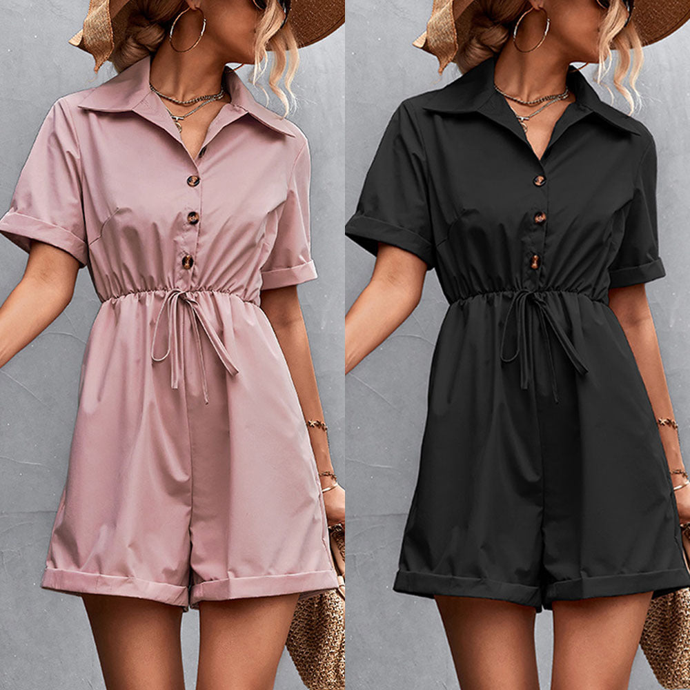 Damen Jumpsuit mit kurzen Ärmeln und taillierbarem Kordelzug Drune