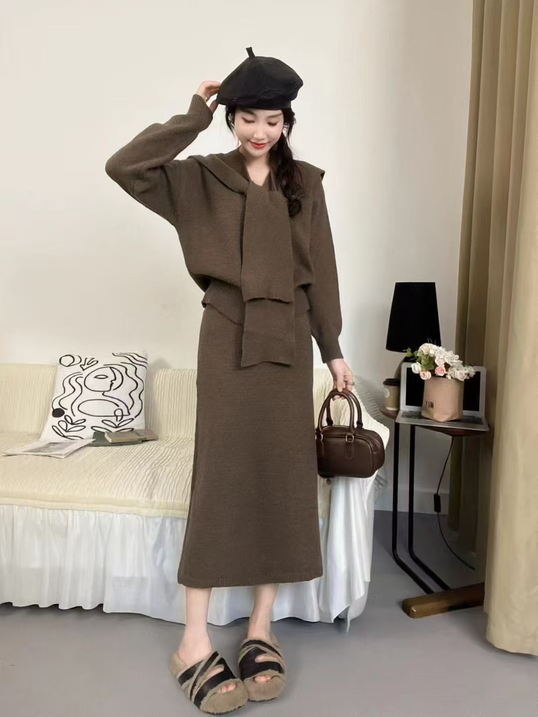 Damen Strickensemble mit modischem Kragen und eleganter Silhouette Drune