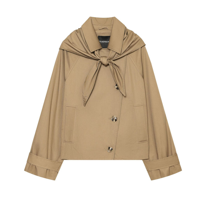 Damen Kurzgeschnittener Cape‑Trench mit integriertem Bindeschal und überschnittener Schulterpartie Drune