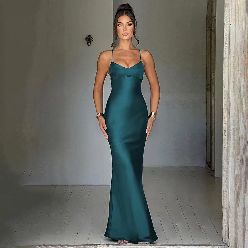 Damen Glamouröses Langarm-Maxi-Kleid mit verstellbaren Trägern und figurbetontem Schnitt Drune