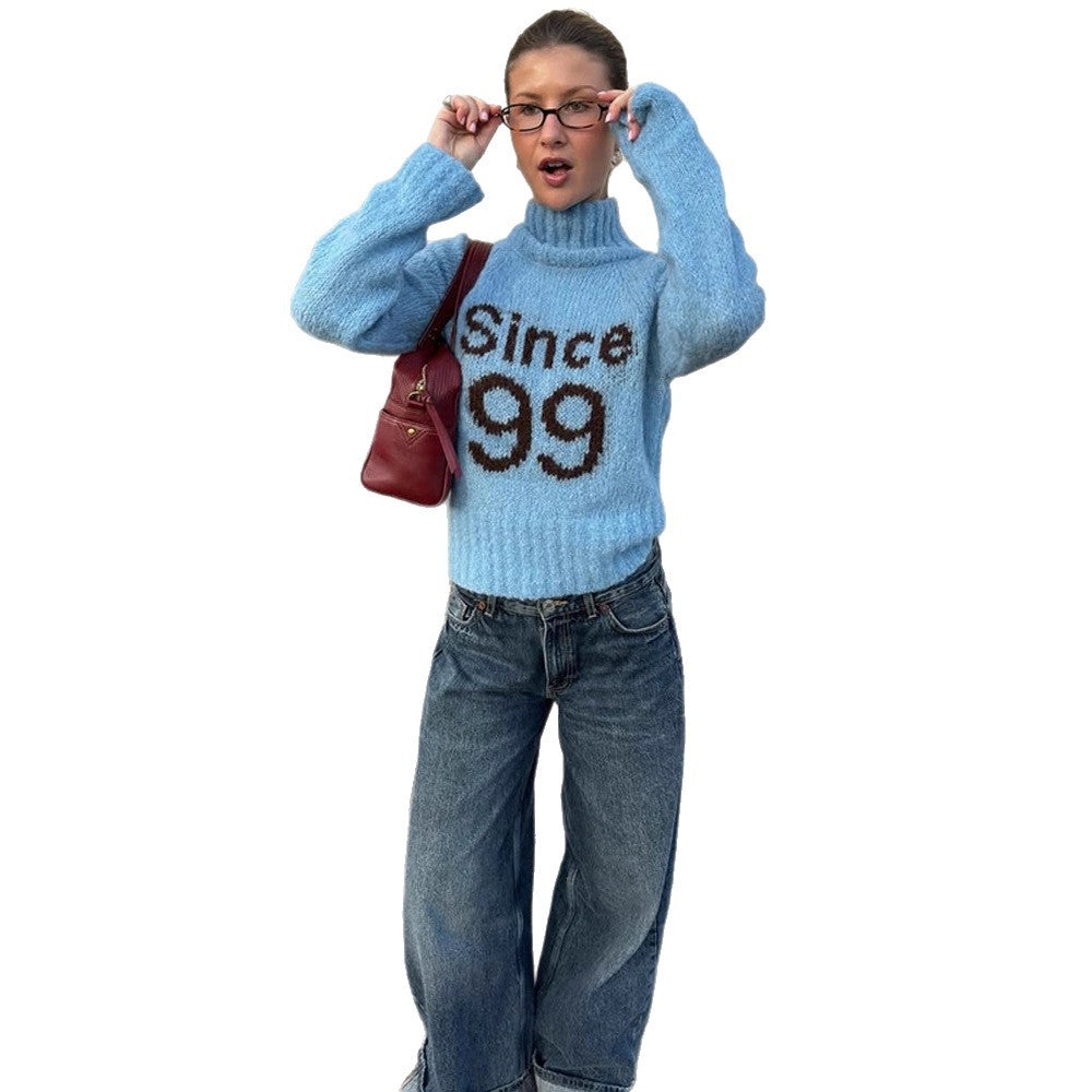 Damen Oversized Strickpullover mit hohem Kragen und einzigartigem Schriftzug Drune