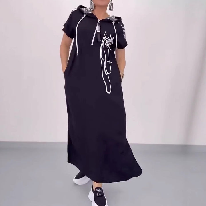 Damen nan urbanes Kapuzen‑Kaftankleid in lockerem Fall mit kurzärmeligem Schnitt und abstraktem Grafikmuster Drune