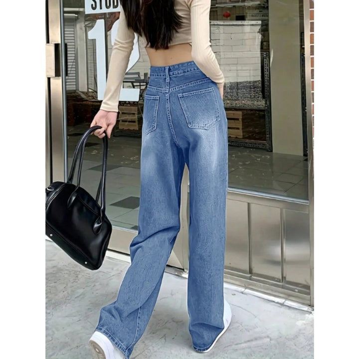 Damen weite High-Waist Baggy-Jeanshose mit geradem Bein Drune