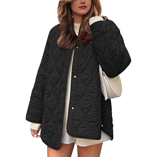 Damen gesteppte Oversize-Steppjacke mit Druckknopfleiste und gerundetem Saum Drune