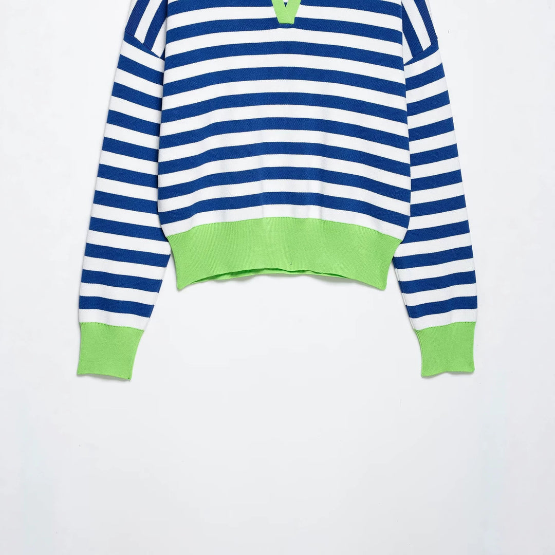 Damen Gestreifter Strickpolo-Sweater mit V-Ausschnitt und breitem Rippbund Drune