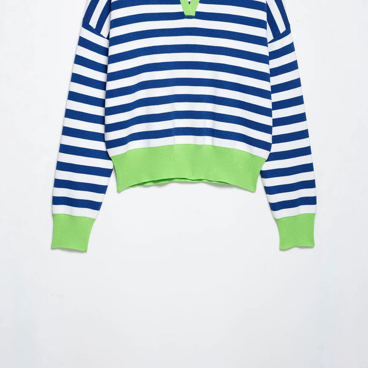 Damen Gestreifter Strickpolo-Sweater mit V-Ausschnitt und breitem Rippbund Drune
