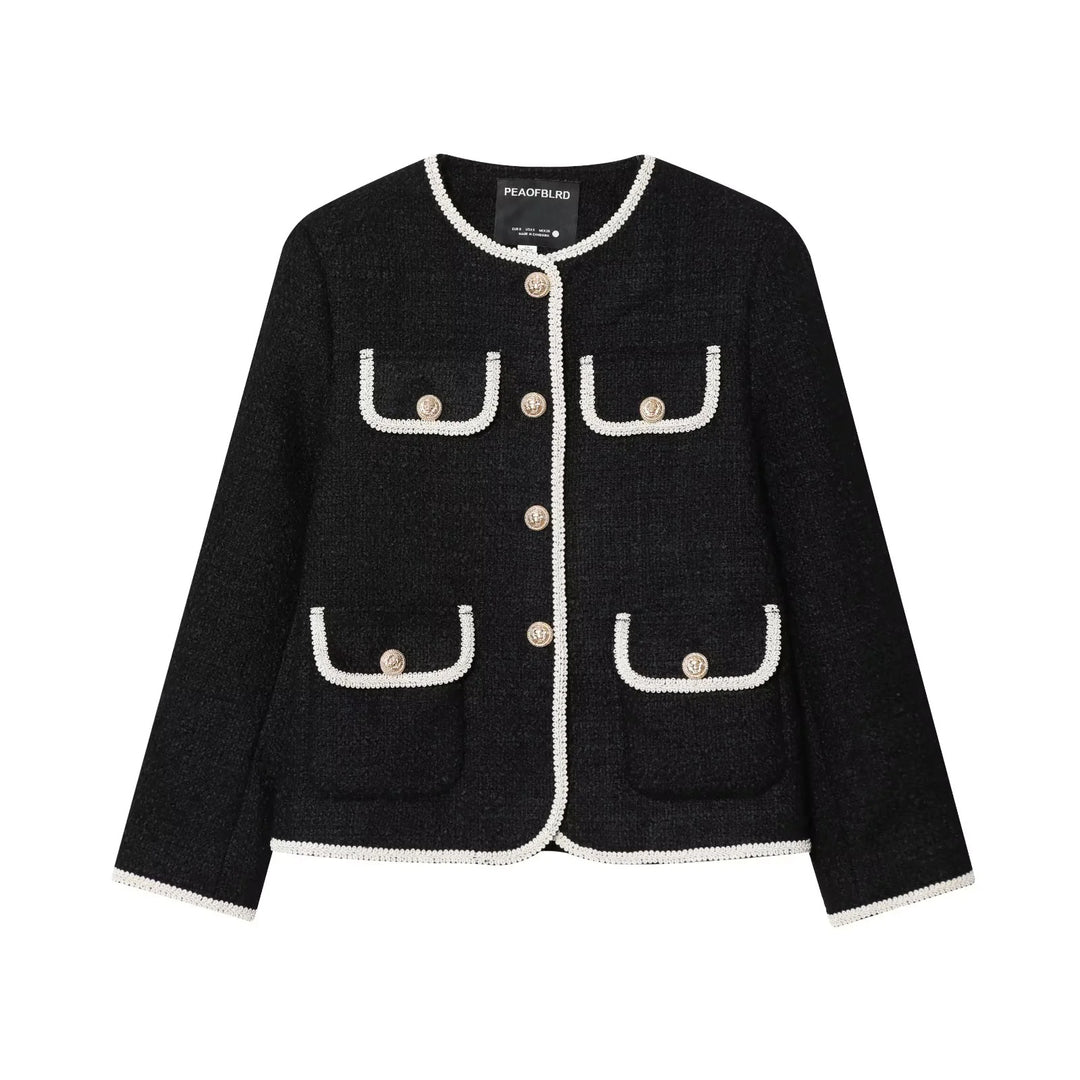 Damen nan klassische Bouclé-Jacke mit kontrastierender Paspelierung und Zierknöpfen Drune