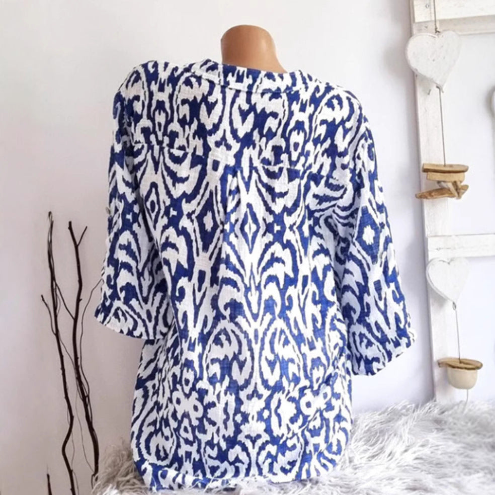 Damen nan locker geschnittene Tunika-Bluse mit Ikat‑Muster, V‑Ausschnitt und Dreiviertelärmeln Drune