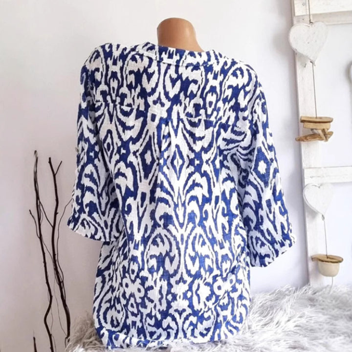 Damen nan locker geschnittene Tunika-Bluse mit Ikat‑Muster, V‑Ausschnitt und Dreiviertelärmeln Drune
