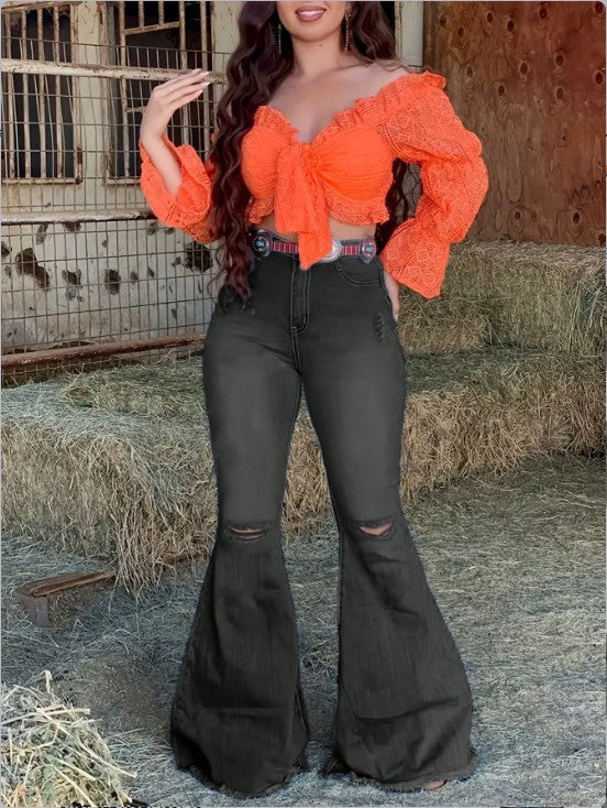 Damen Hochtaillierte Schlaghose-Jeans mit ausgestelltem Bein, Knie-Rissen und figurformendem Stretchbund Drune