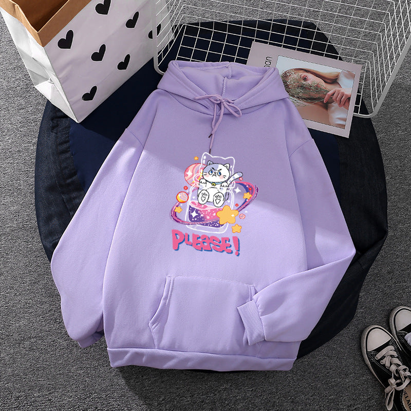 Damen nan oversized Kapuzenpullover im Streetstyle mit weichem Fleece-Innenfutter, Kängurutasche und farbenfrohem Cartoon-Katzen-Planet-Print Drune