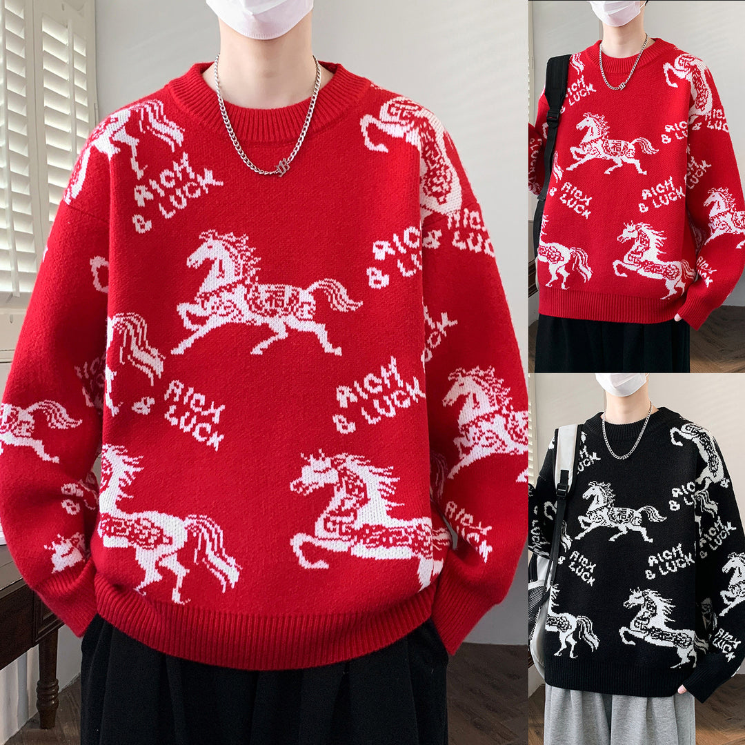 Herren Verspielter Grobstrickpullover mit Pferdemotiv Drune