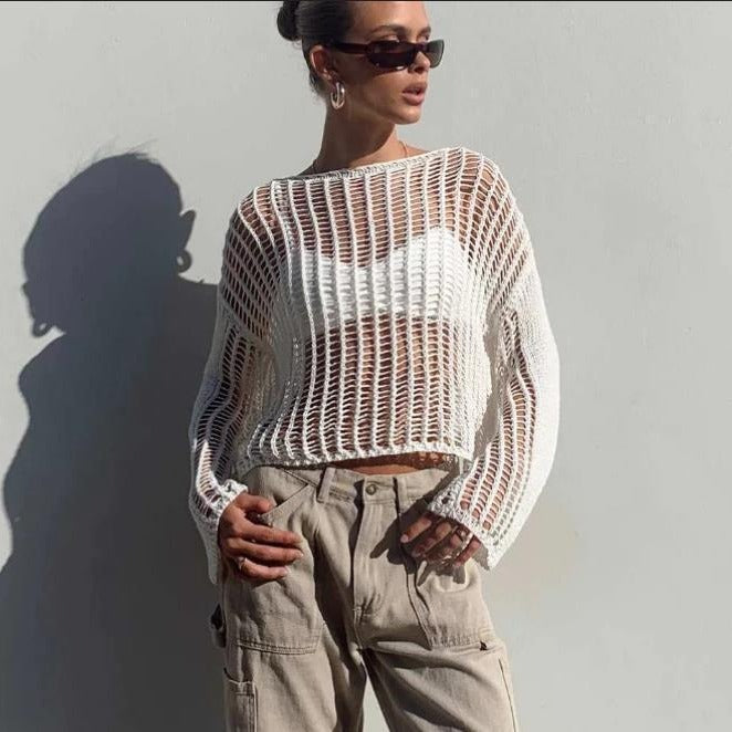 Damen Cropped Open Knit Pullover Drune